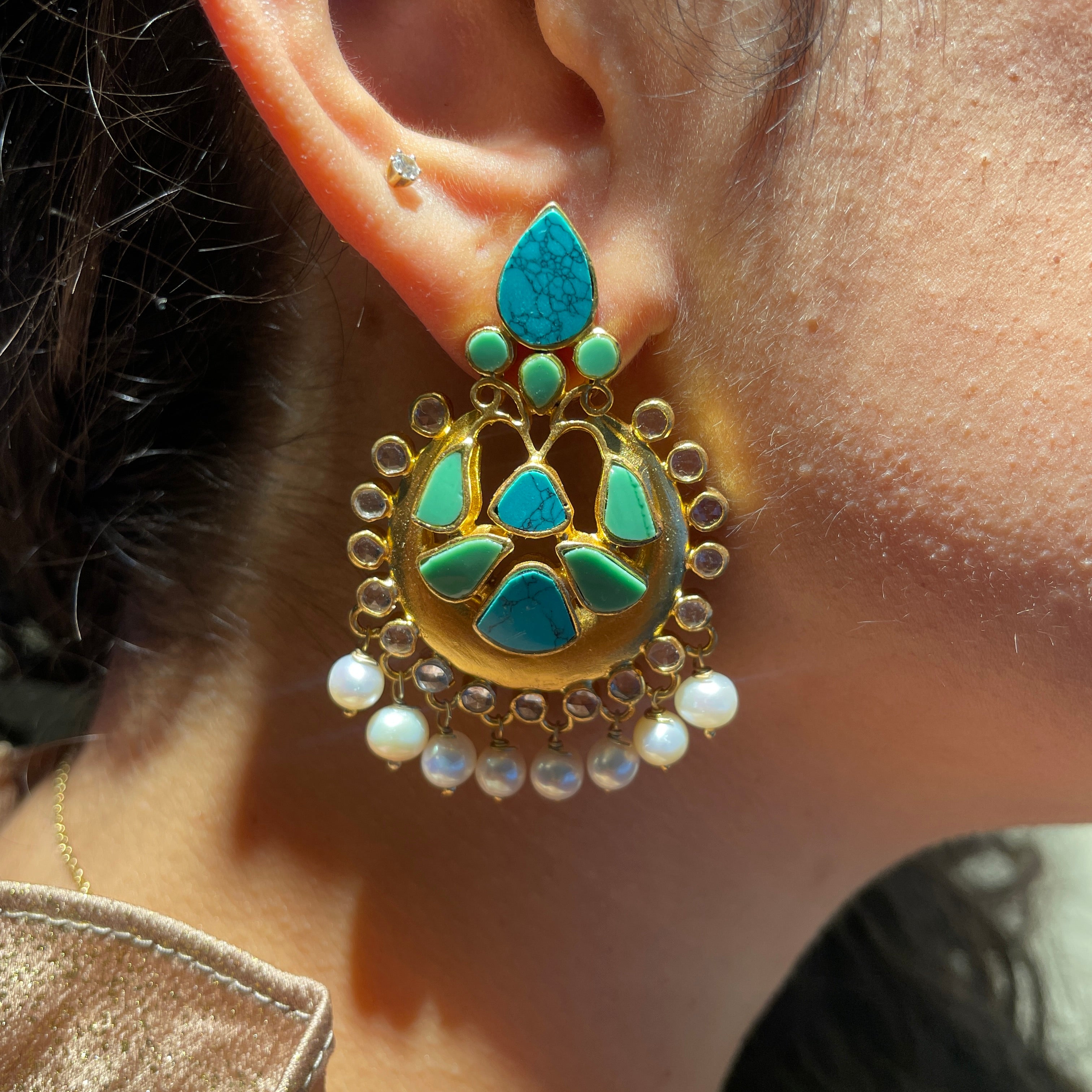 Drop Earrings - Turquoise with pearl drops