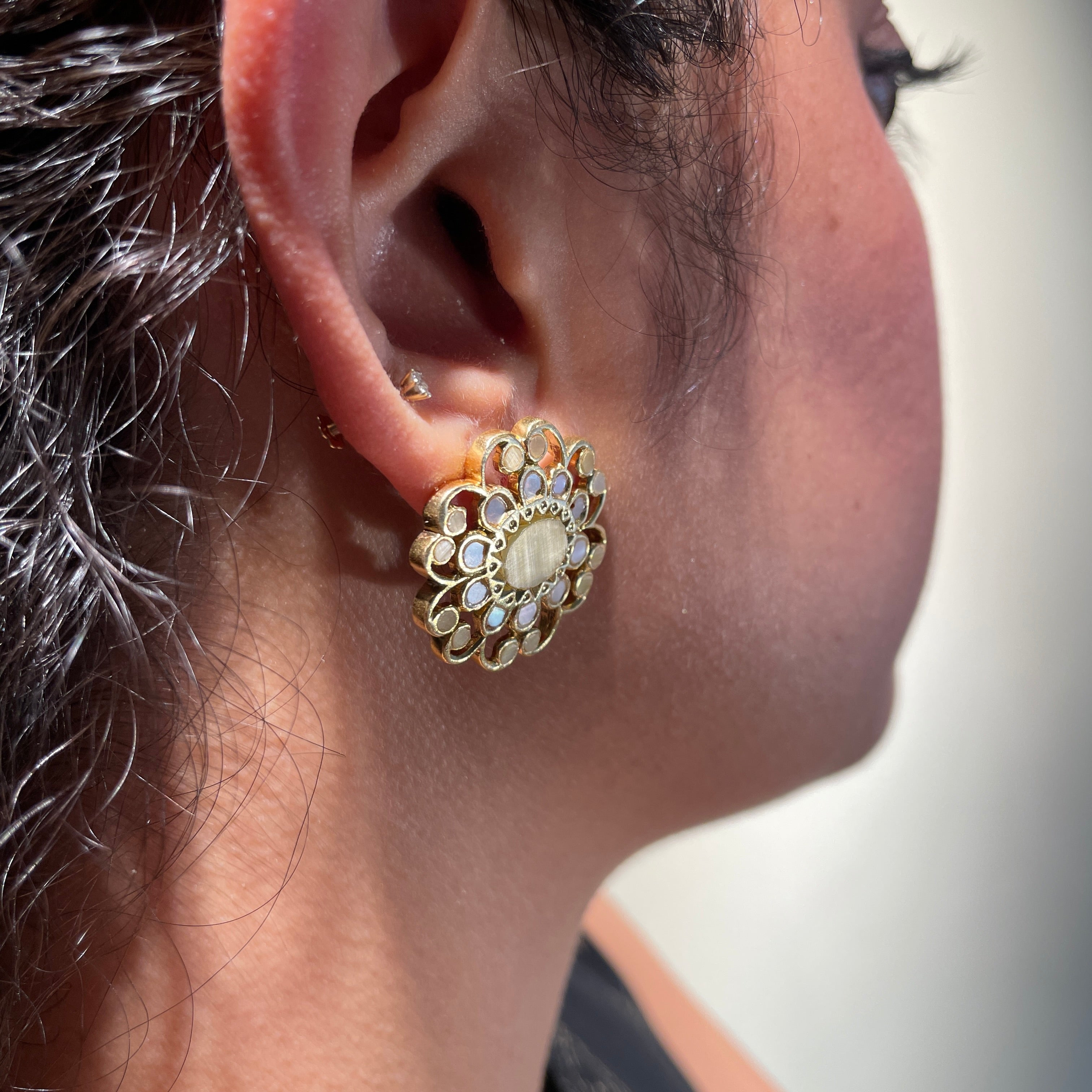 Sunlit Blossom Gem Studs - Pale yellow and Mother of Pearl