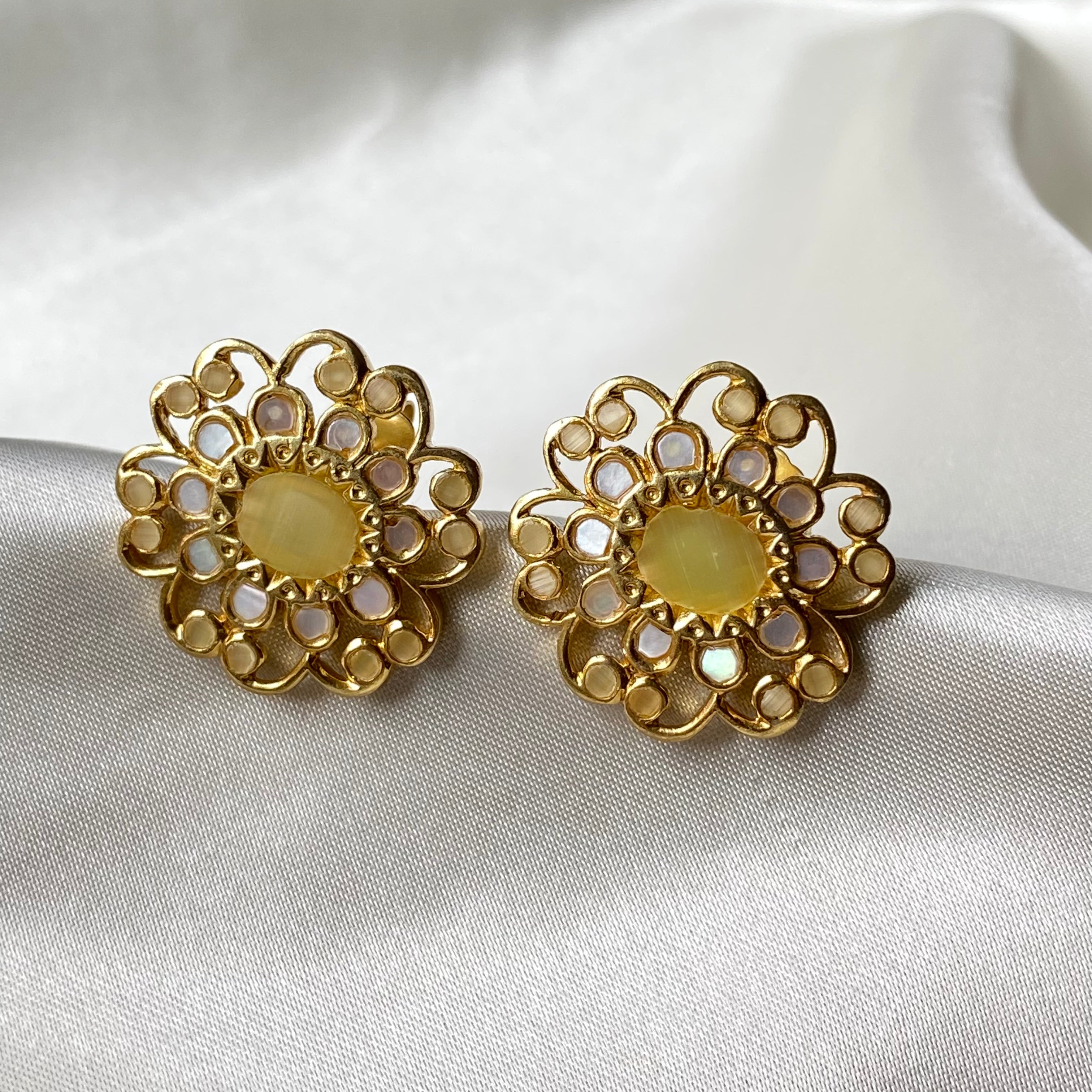 Sunlit Blossom Gem Studs - Pale yellow and Mother of Pearl