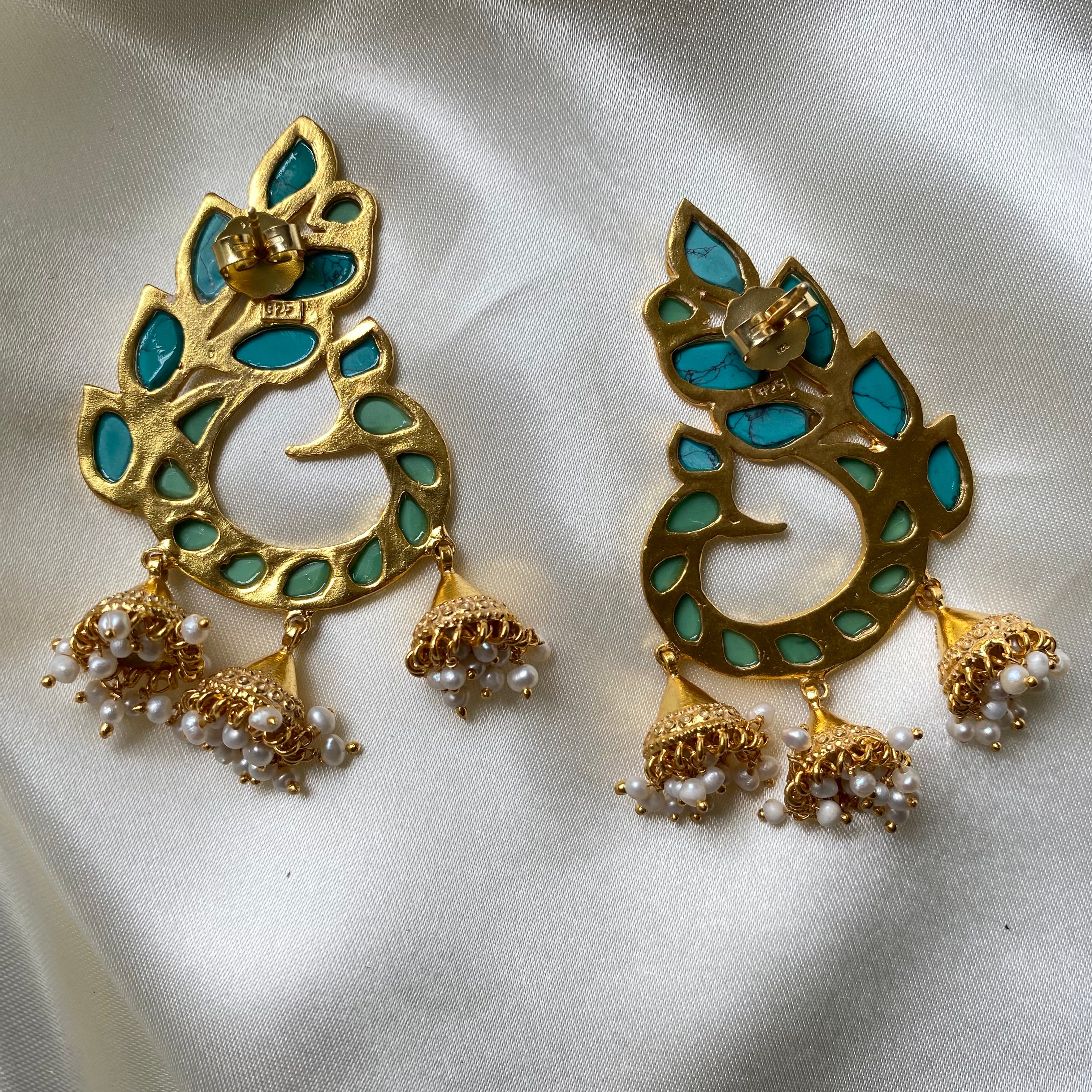 Peacock Jhumkas - Turquoise