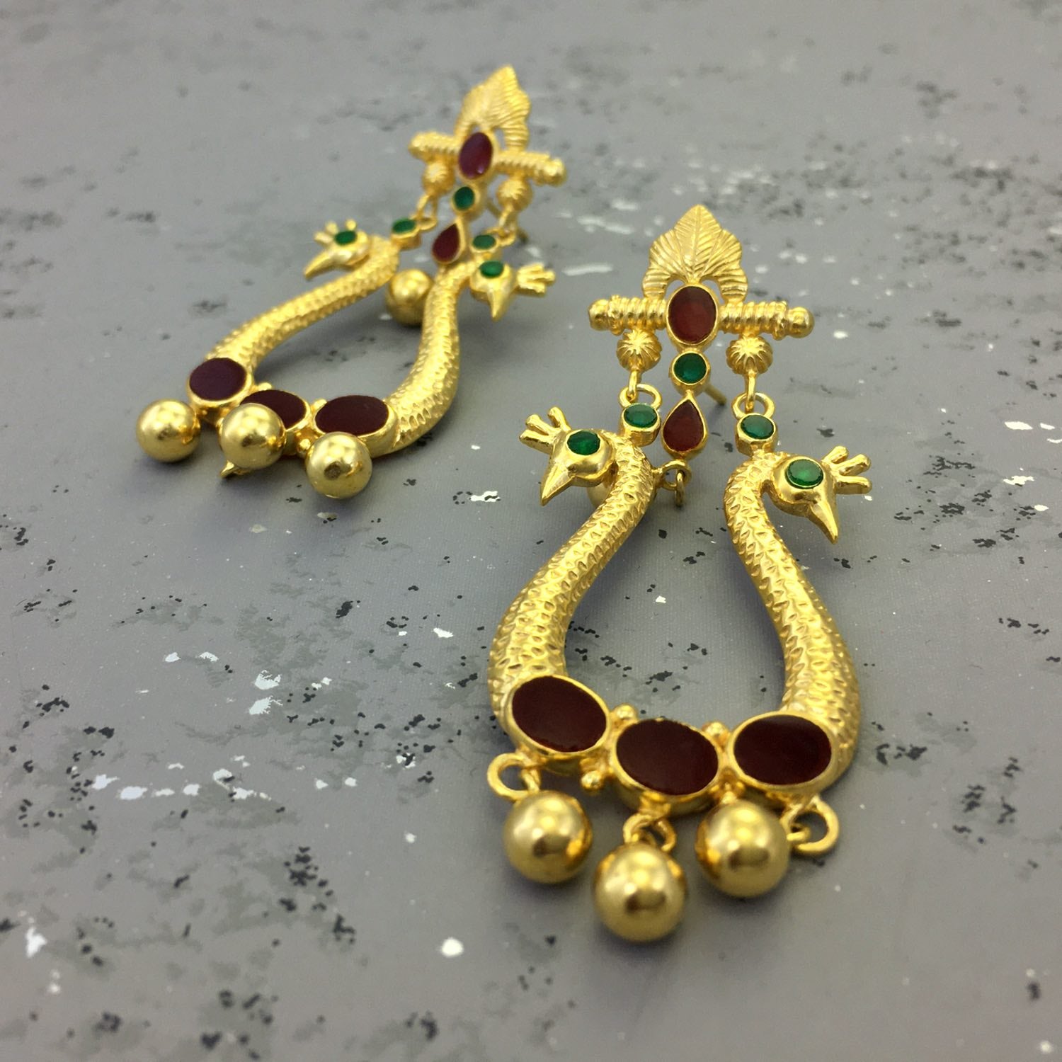 Navi Peacock Earrings - Red & green