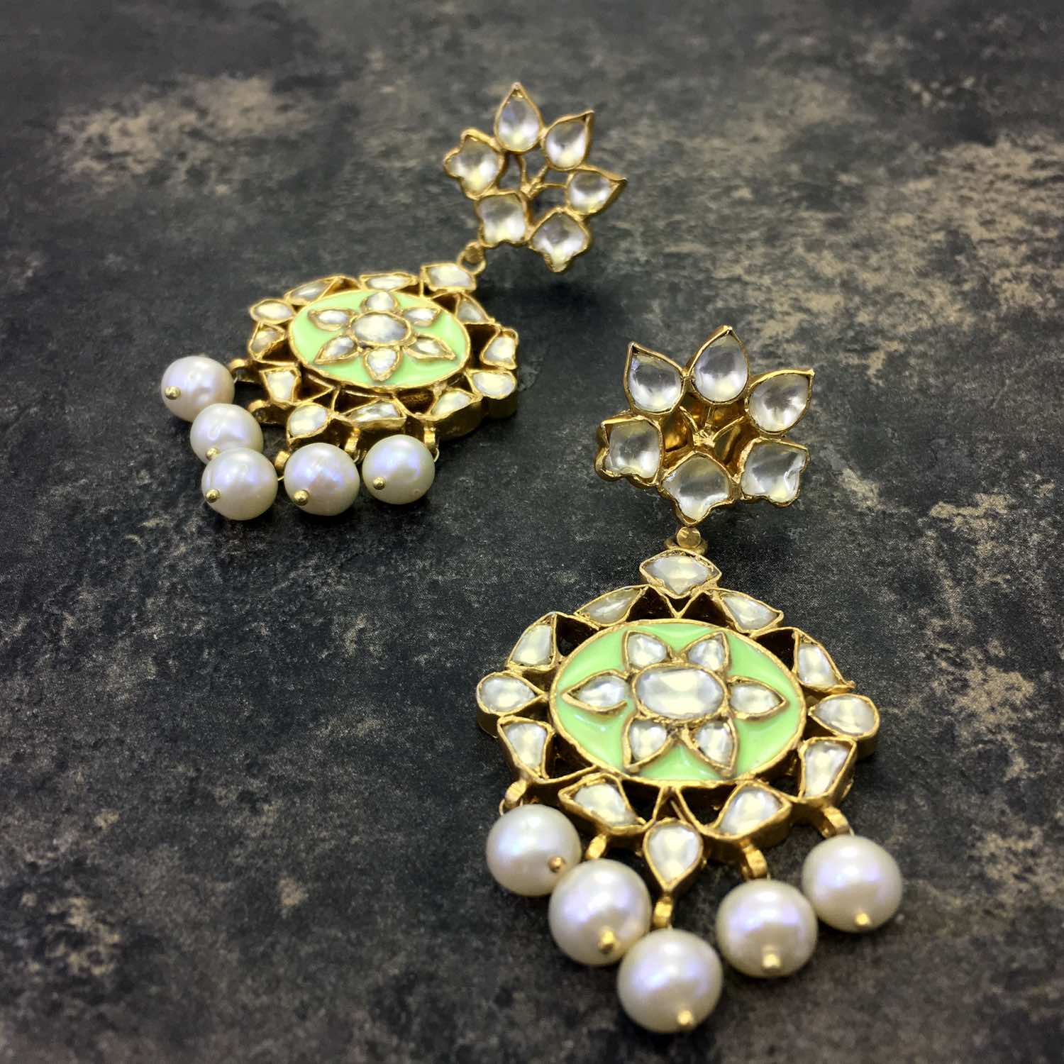 Meenakari Kundan Earrings - Pastel Green