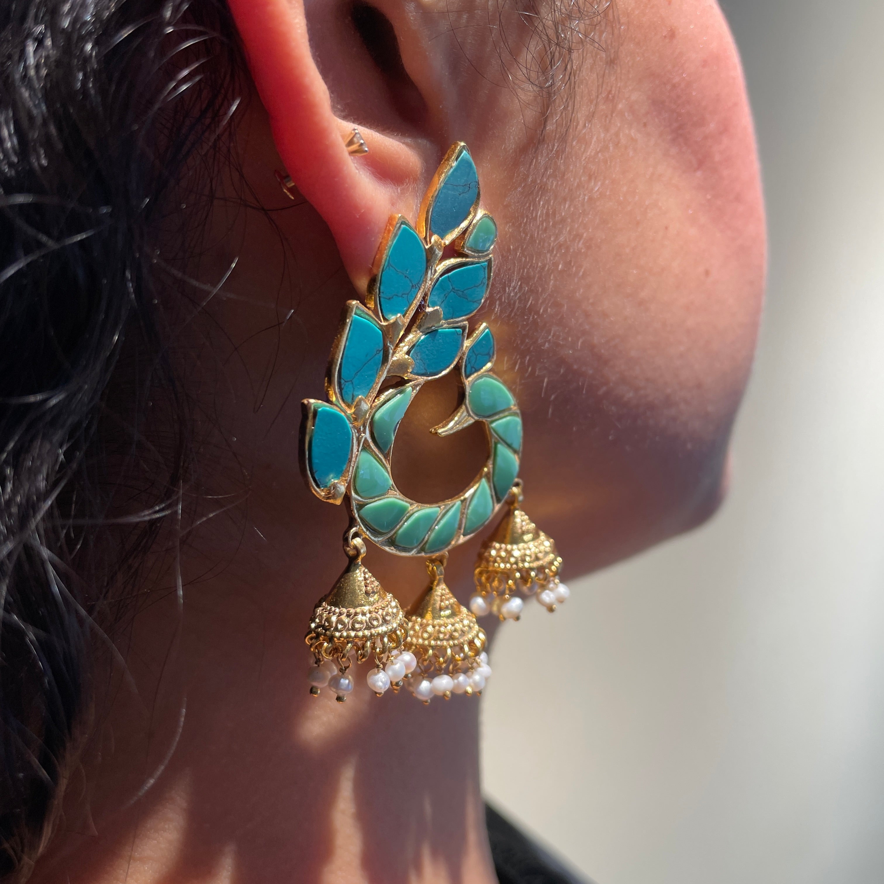 Peacock Jhumkas - Turquoise