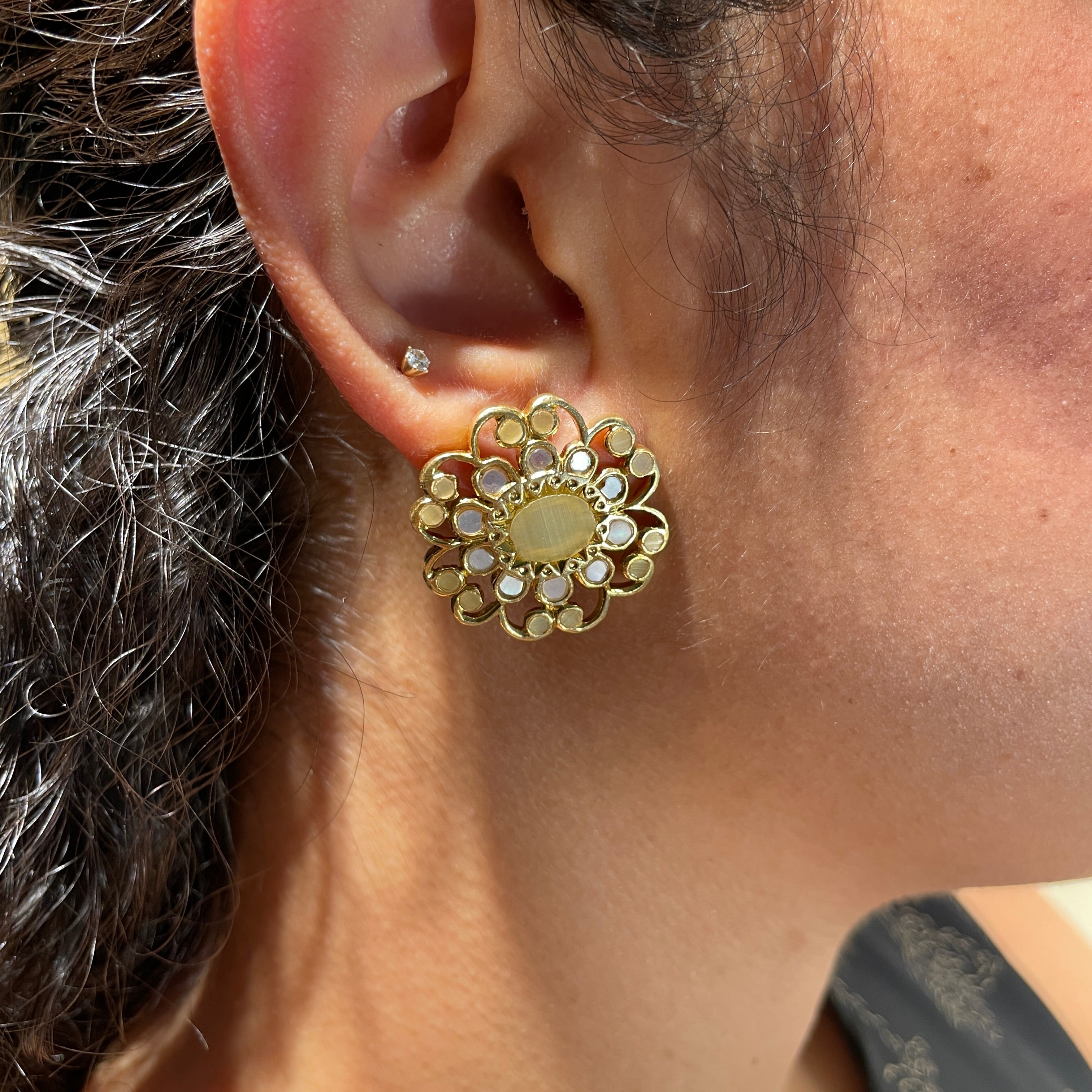 Sunlit Blossom Gem Studs - Pale yellow and Mother of Pearl