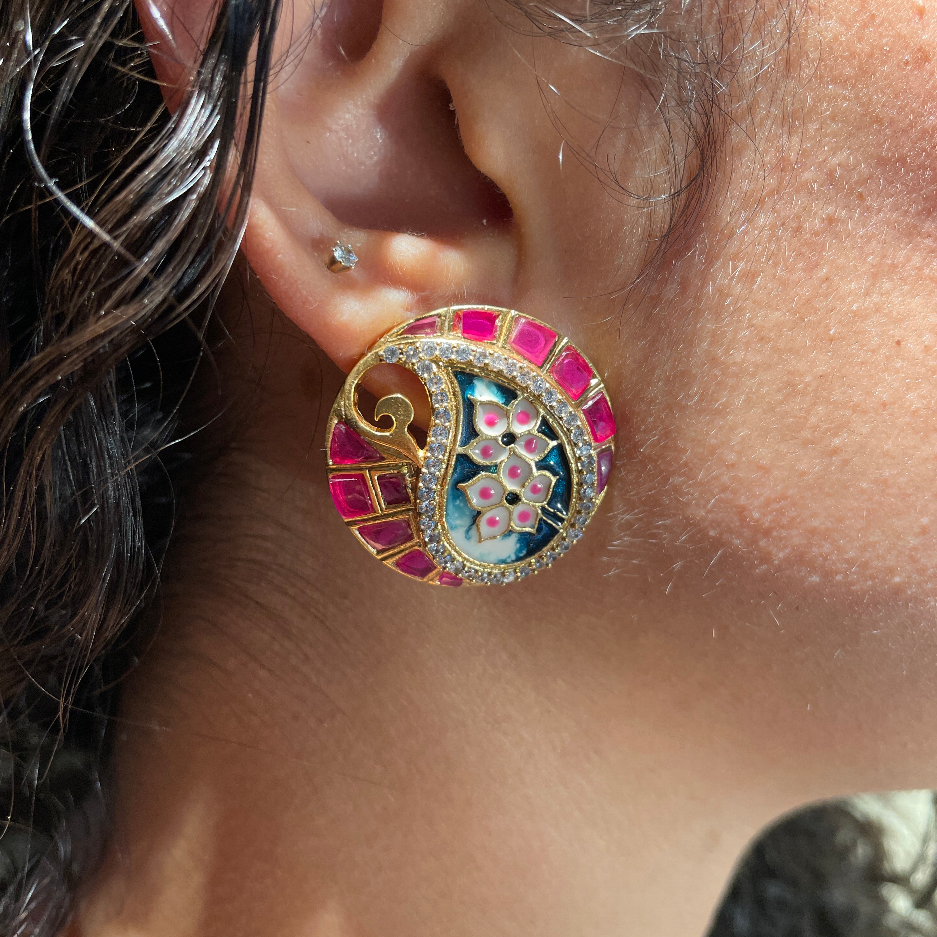 Meenakari Whirl Studs- Pink