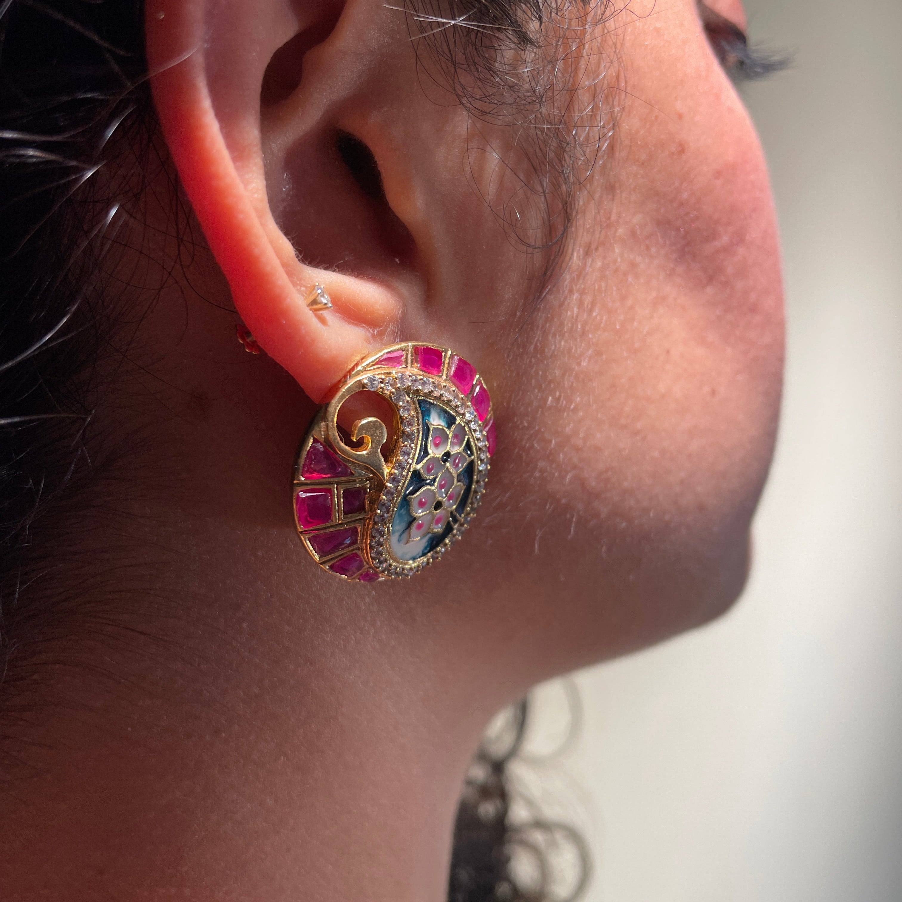 Meenakari Whirl Studs- Pink