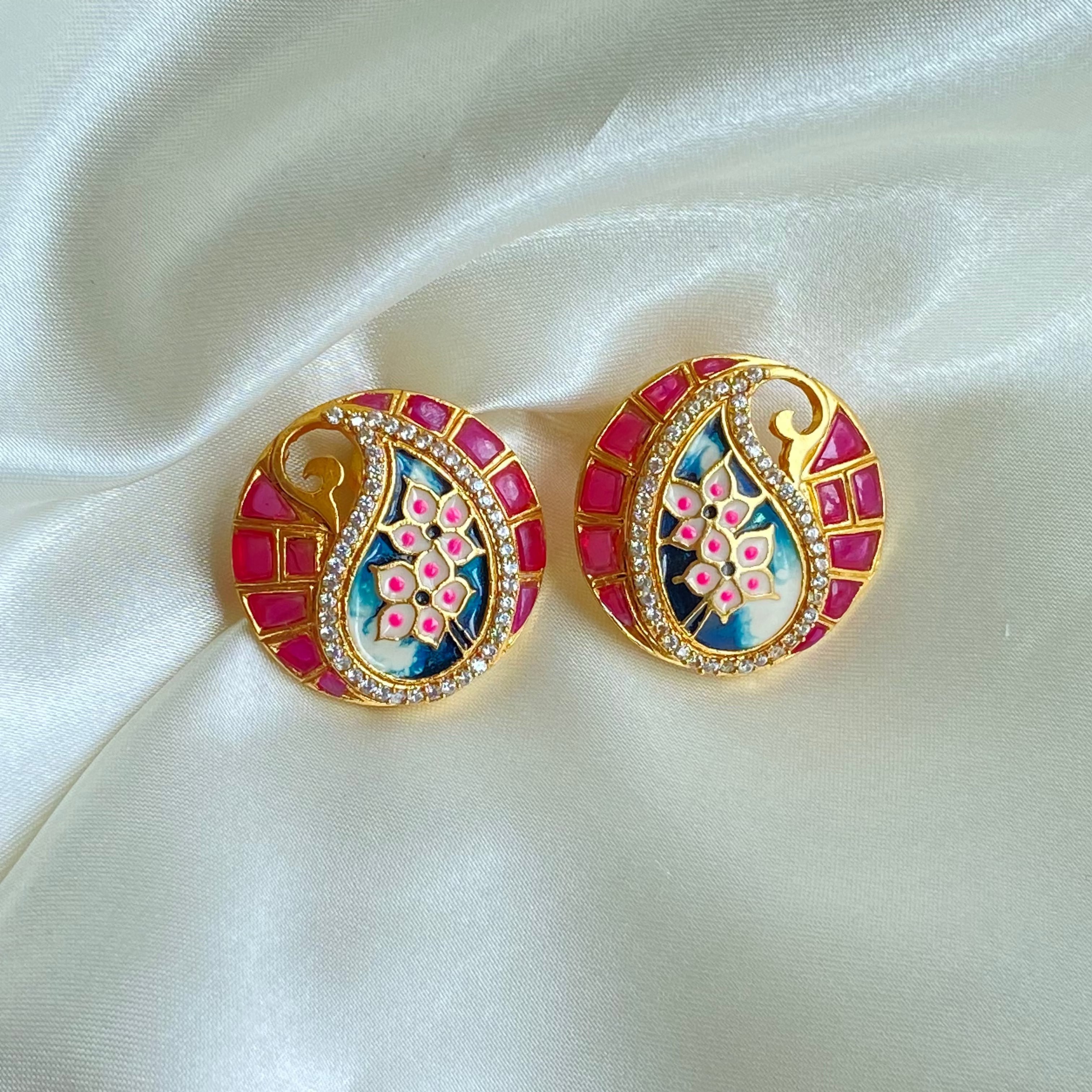Meenakari Whirl Studs- Pink