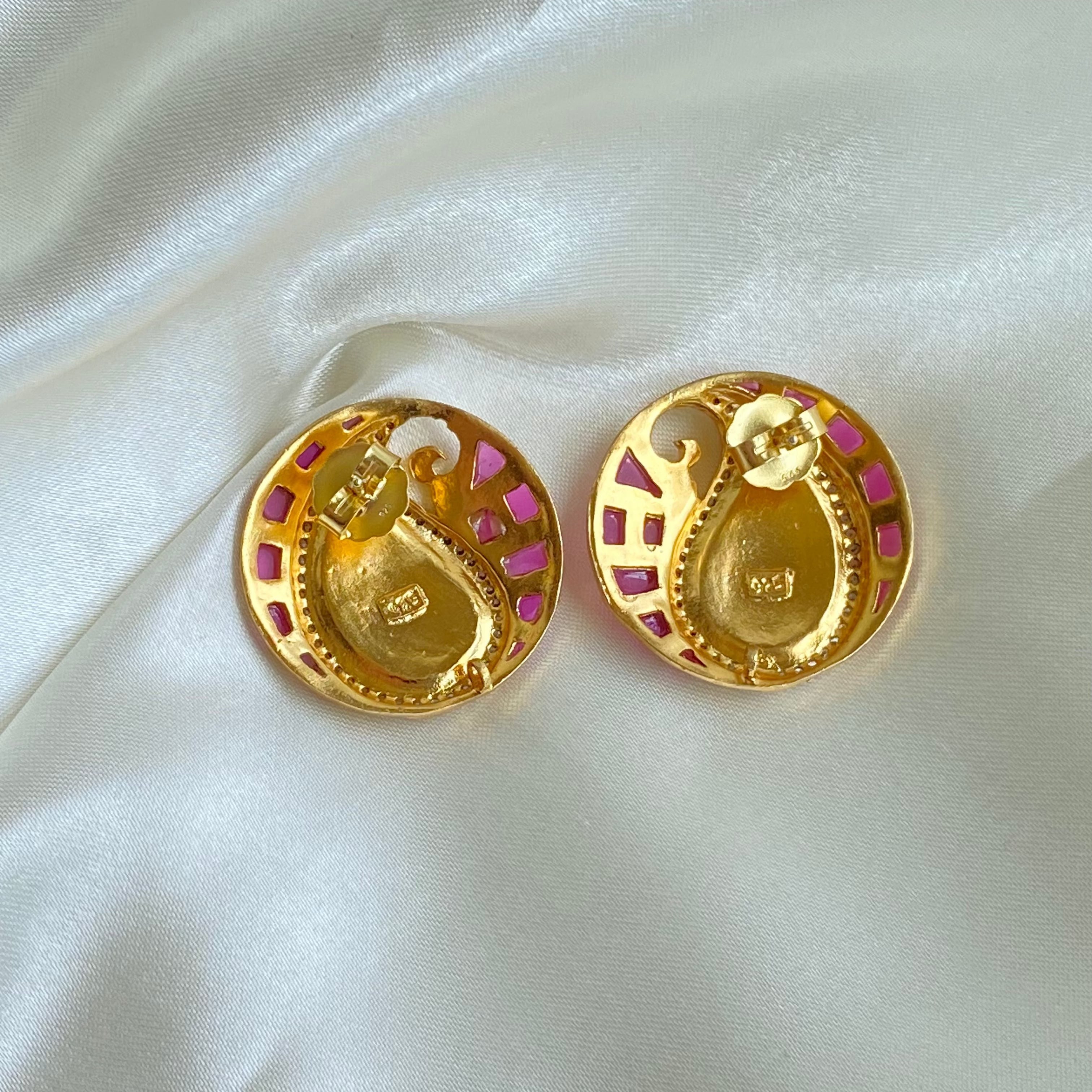 Meenakari Whirl Studs- Pink