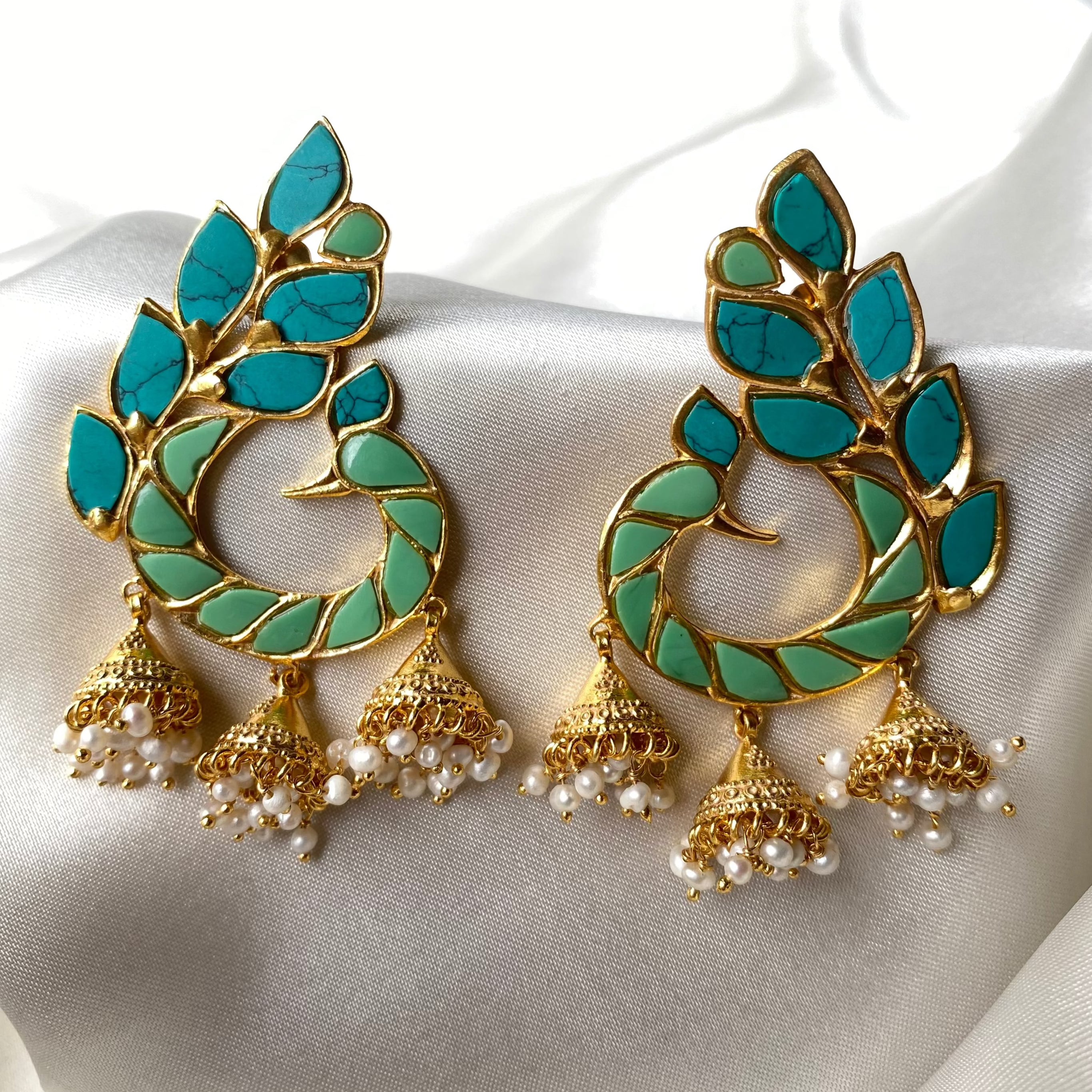 Peacock Jhumkas - Turquoise